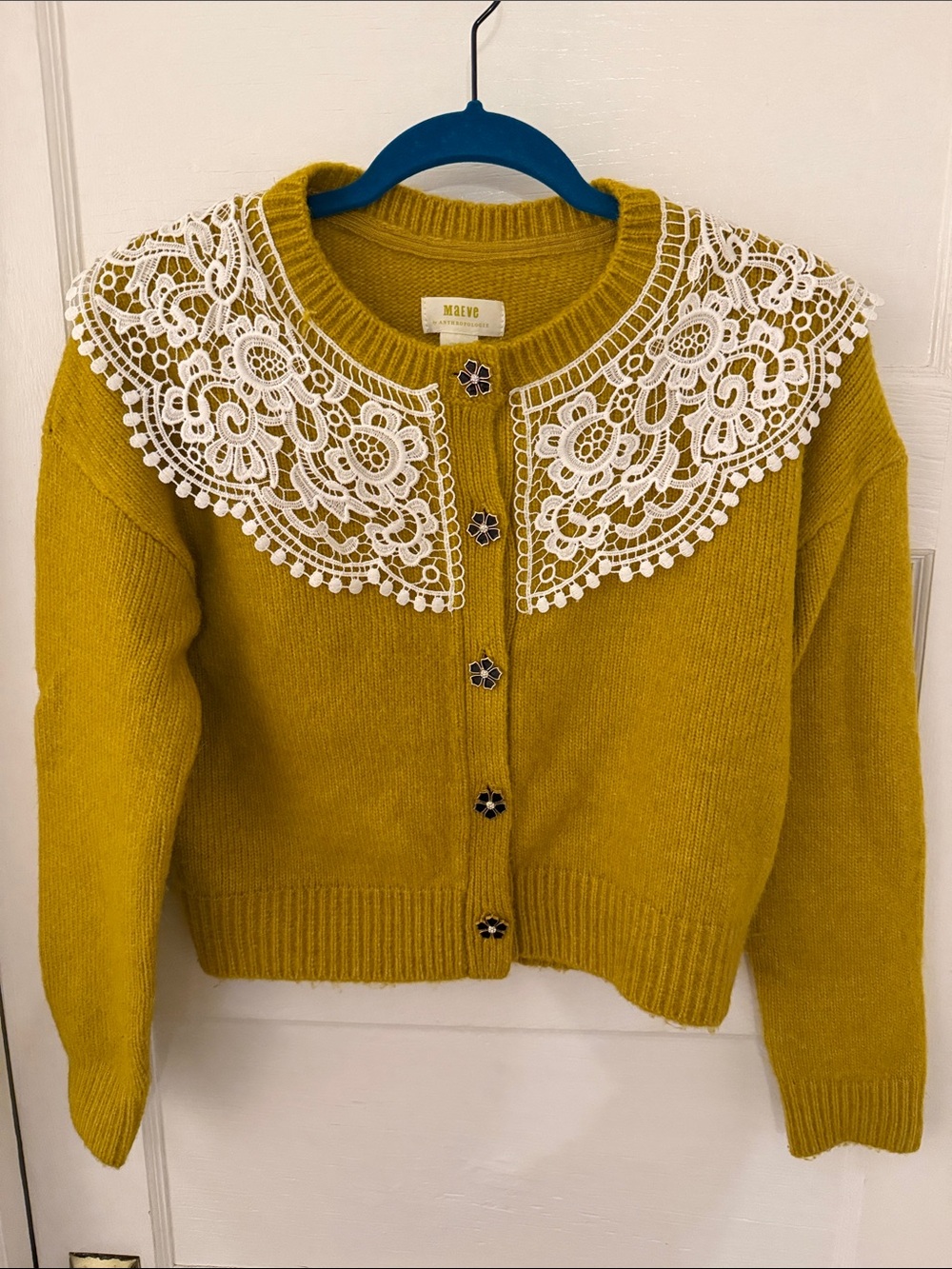 Maeve Mustard Lace-Collar Knit Cardigan size XS